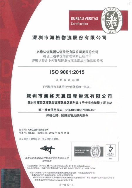 海格天翼ISO9001認(rèn)證證書（2019-2021）